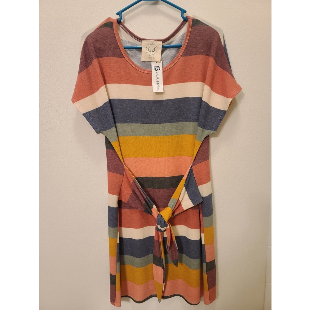 Large, multi-colored Fantastic Fawn striped t-shirt dress